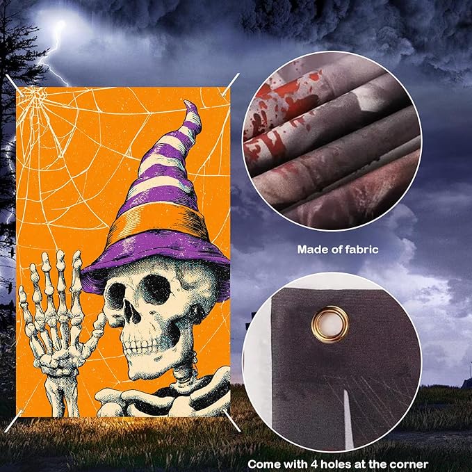 Nuxovilar Halloween Window Decorations, Skull in Witch Hat Halloween Window Cover for Indoor, Party, Haunted House, 31.5x47.3 Inches