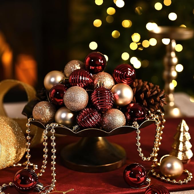 Valery Madelyn 1.57 Inches Small Christmas Tree Decorations Ornament Set for Fall Halloween, 24ct Burgundy Red and Gold Shatterproof Hanging Ball Ornaments Holiday Party Decor