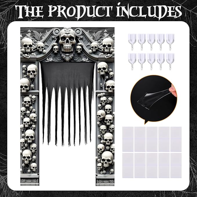 4 Pcs Halloween Cemetery Archway Door Cover Decoration Kit- Large Skeleton Front Door Banner Scary Gauze Cover for Indoor Outdoor Archway Garage Haunted House Party Trunk or Treat Car Decor