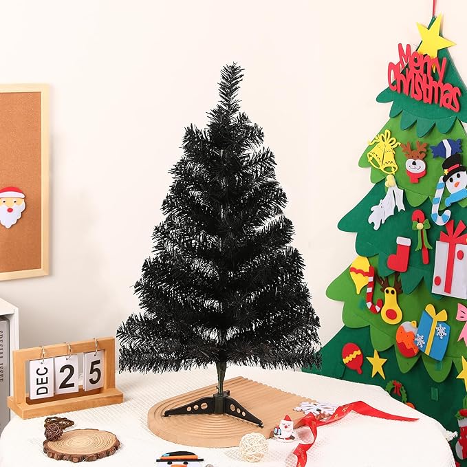 2FT Artificial Christmas Tree Black Tabletop Christmas Tree with Plastic Stand Mini Xmas Pine Tree for Party Supplies Indoor Outdoor Holiday Home Decoration(Black)
