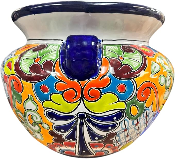 Talavera Michoacana Planter XL Pot Folk Art Multicolor Mexican Pottery Home Decor Hand Painted Garden Indoor Handmade Outdoor 18.5" (Cobalt Multicolor Blue)