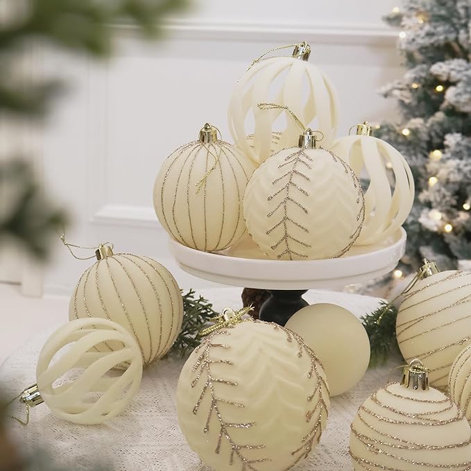 4inch Velvet Ornaments for Christmas Tree, 9PCS Glitter Flocked Christmas Ornaments Decorations Balls Set Decor Beige