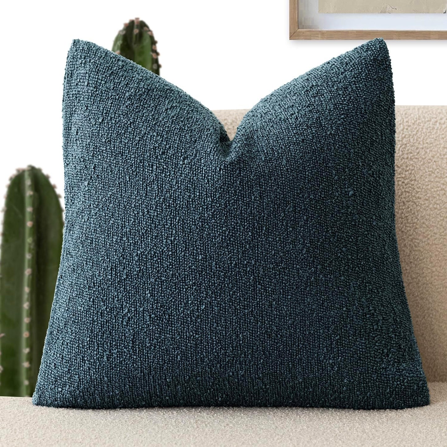 Foindtower Decorative Textured Boucle Throw Pillow Covers Accent Solid Pillow Cases Neutral Soft Cozy Couch Cushion Case for Chair Sofa Bedroom Living Room Home Decor 18x18 Inch,1PC,Dark Blue