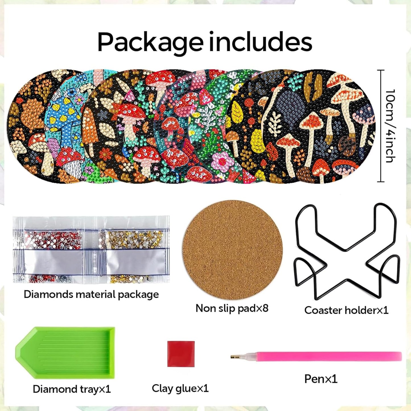 DOZEEZOP 8 PCS Diamond Art Coasters Kit, Mushroom Diamond Painting Coasters with Holder, Fall Diamond Art Kits for Adults Beginners, Arts and Crafts Supplies Party Item Sets