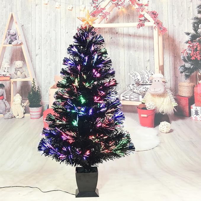 3ft Black Fiber Optic Christmas Tree,Pre-Lit Artificial Mini Christmas Tree, Tabletop Small Xmas Tree with Stars Holiday Home Decorations