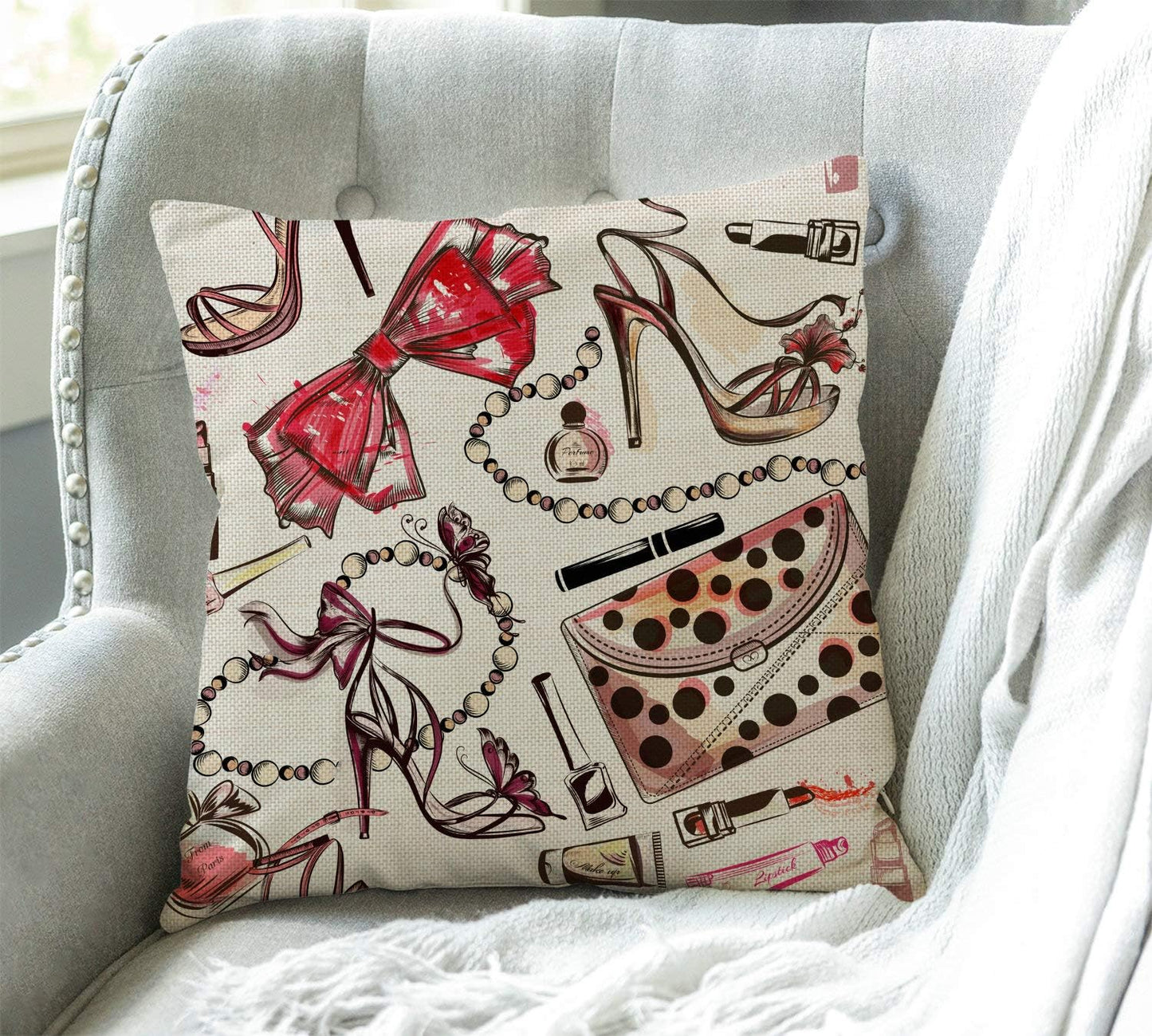 Fashion Cosmetics Pink Hand Drawn Female Shoes Lipstick Perfume Farmhouse Style Decorative Throw Pillow Cover Cushion Case for Sofa Couch Housewarming Present Home Decor Cotton Linen 18" x 18" Inch