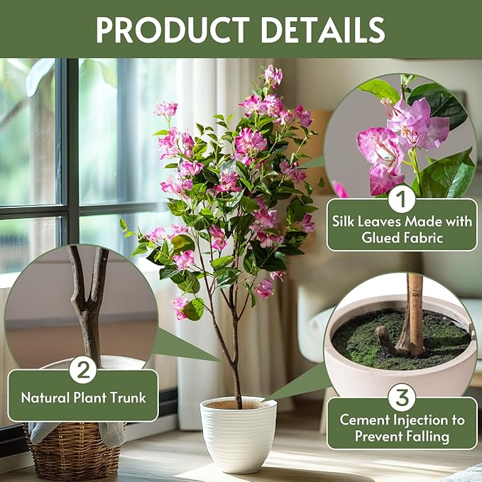 4FT Artificial Bougainvillea Tree Artificial Tree Tall Potted Fake Bougainvillea Trees for Outdoor Indoor Lifelike Potted Faux Plants with Wood Trunk and Flowers Office Wedding Home Decor