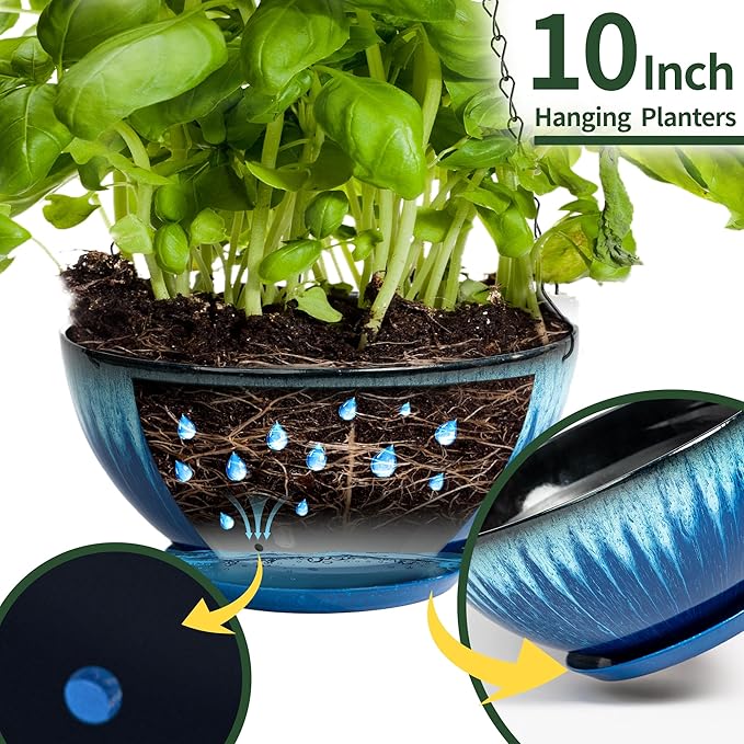 Hanging Planters for Indoor Outdoor Plants-2 Pack 10 inch Hanging Plant Pots with Drainage and Hanging Plant Holder, Hanging Planter for House Plants (Blue Flowing Glaze)