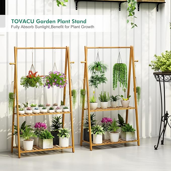 Hanging Plant Shelf Indoor Outdoor Plant Stands Wood Flower Stand 2 Tiered Bamboo Plant Shelves Holder Rack for Patio Balcony Garden (Tall,50 inch)