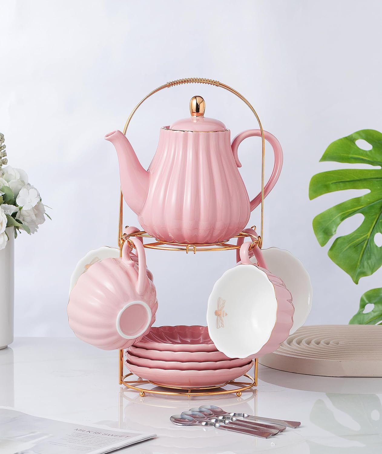 CLAY TONIC-- 8 OZ Fine China Purple Coffee Cup/Teacup Set, Cups & Saucer, with Teapot-Sugar Bowl-Cream Pitcher Teaspoons and tea strainer for Tea/Coffee,17-Pieces- Service for 4 (Pink)