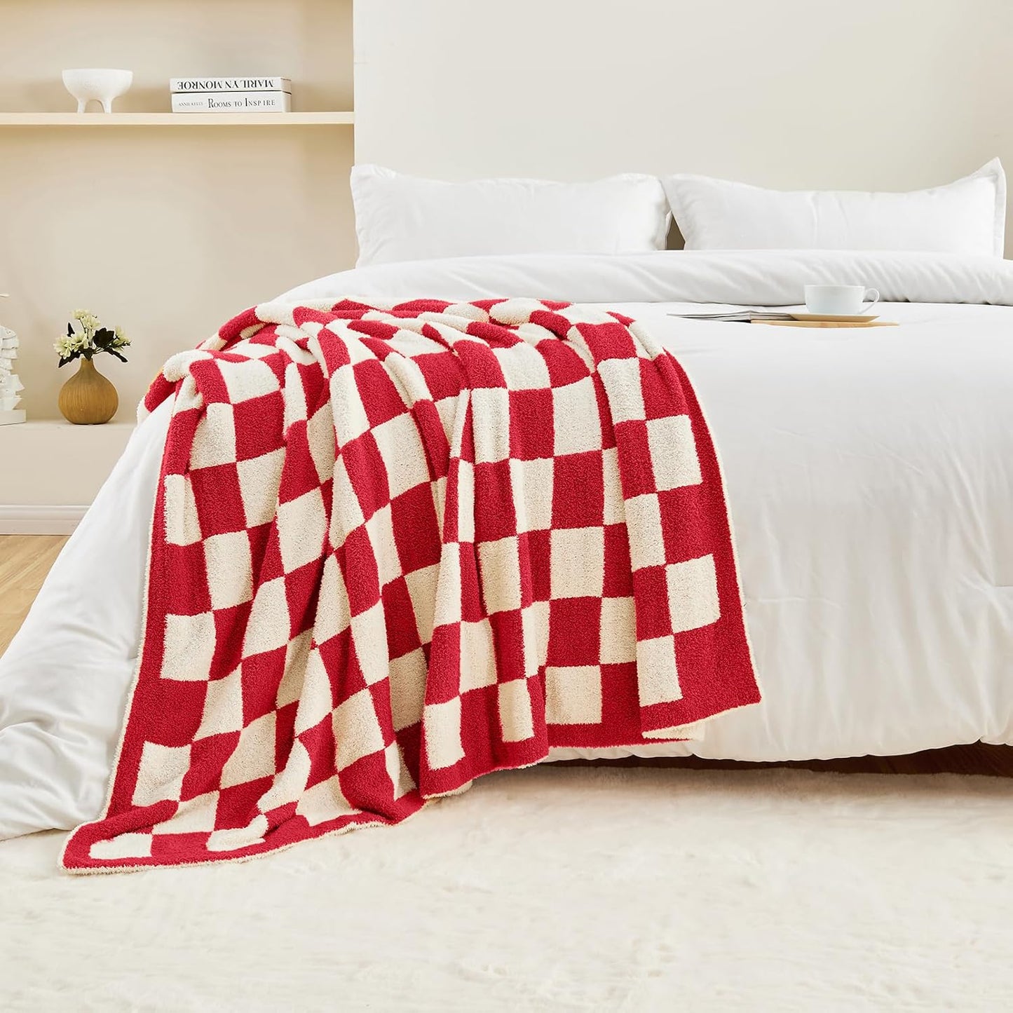 CozeCube Super Soft Fullfy Microfiber Reversible Knitted Blankets, Warm Cozy Fuzzy Plush Throw, Christmas red and White Checkered Throw Blanket for Couch Bed Sofa, 60" x 80"