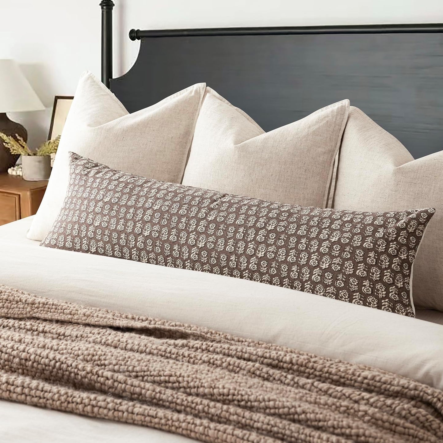 Foindtower Set of 2 Decorative Floral Long Body Lumbar Throw Pillow Covers Vintage Accent Farmhouse Cushion Covers Neutral Home Decor for Sofa Couch Chair Bedroom Living Room,14×36 Inch,Brown