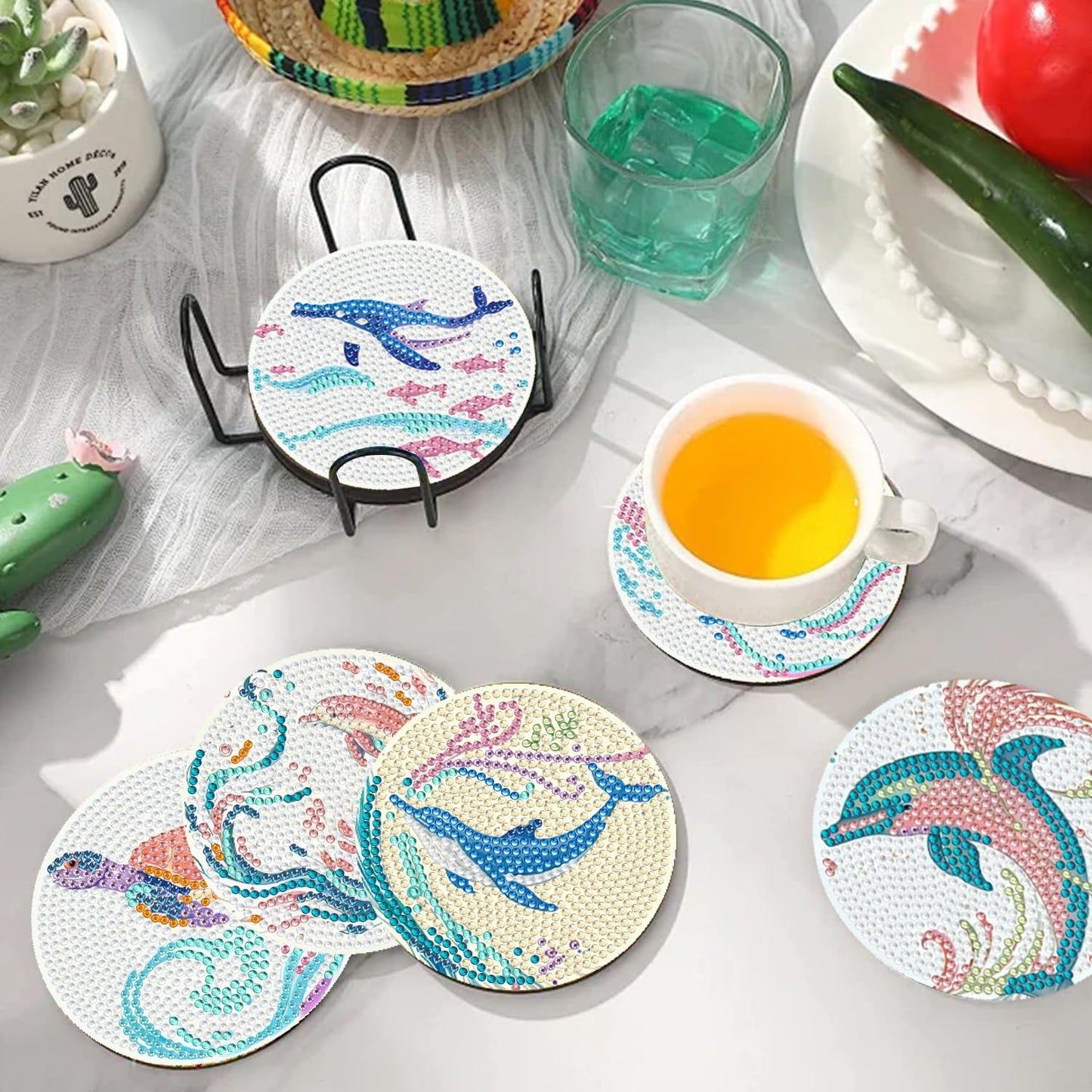 EWJRNSF 10 PCS Diamond Art Coasters Kit, Small Diamond Painting Coasters, Fall Diamond Art Kits for Adults Beginners, Arts and Crafts Supplies Item Sets with Holder Ocean