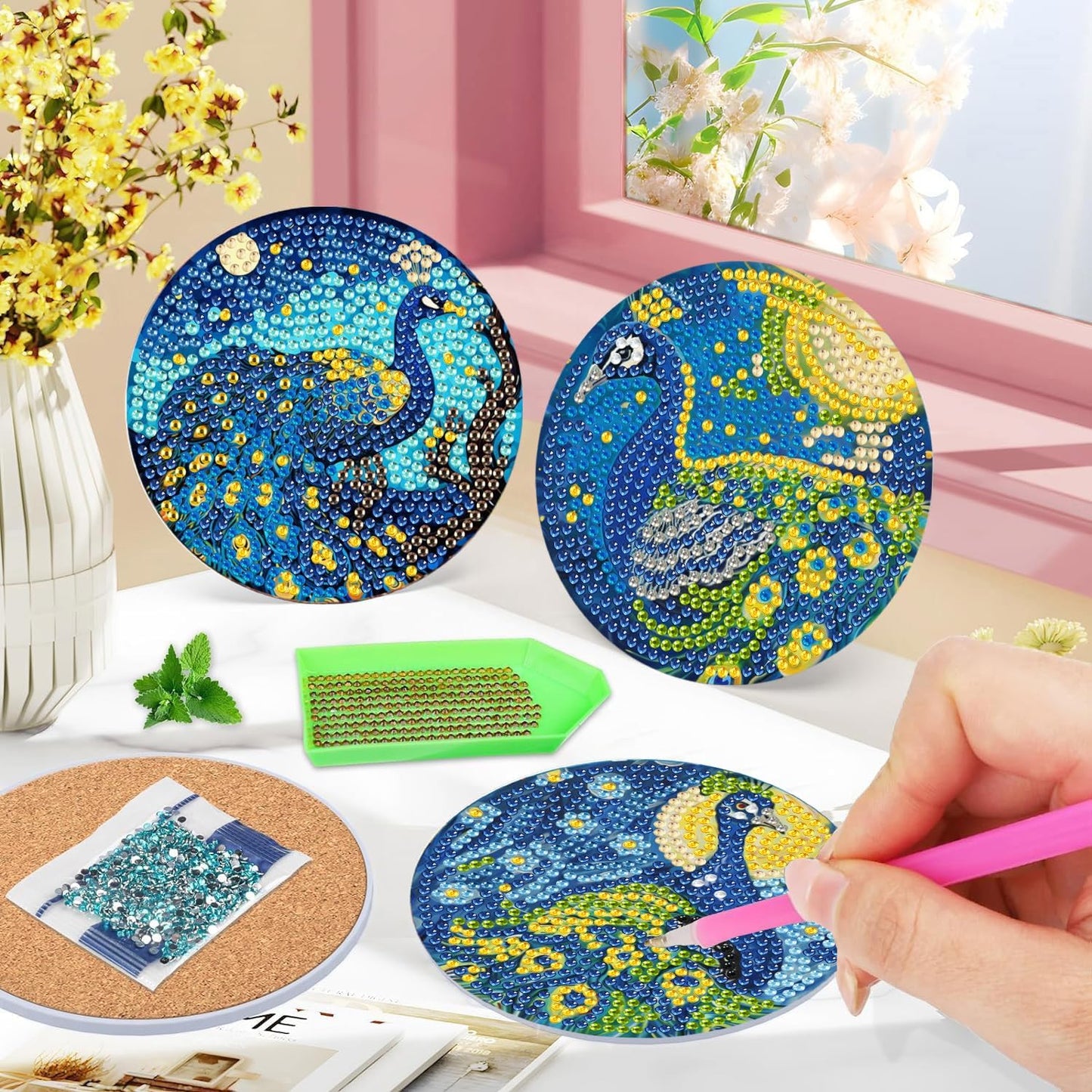 DOTSOPS 8 Pcs Animal Diamond Art Kits for Adults Diamond Art Coasters with Holder BeginnersCraft for Christmas Birthday(Peacock)