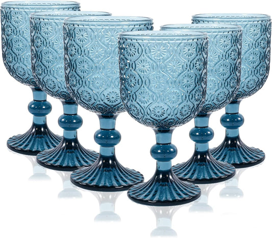 Colored Wine Glass Goblet Set of 6, 14 oz Blue Goblets Glassware, Blue Vintage Glassware for Weddings, Parties, Restaurants, Family Gatherings, Bars, Cafeterias, Dishwasher Safe