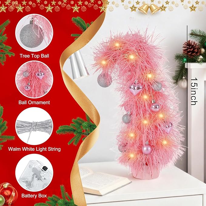 16 inch Pre-Lit Mini Christmas Tree with Ornaments Included, Pink Whimsical Artificial Tabletop Tree for Home, Office Desk & Holiday Decor