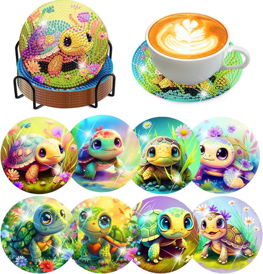 Meothan 8 Pcs Diamond Art Coasters Kits for Adults Diamond Painting Coasters Kits for Adults with Holder Cork Pads DIY Cute Sea Turtle Diamond Art Dotz Painting Coasters Crafts Set 4x4in (Animals)