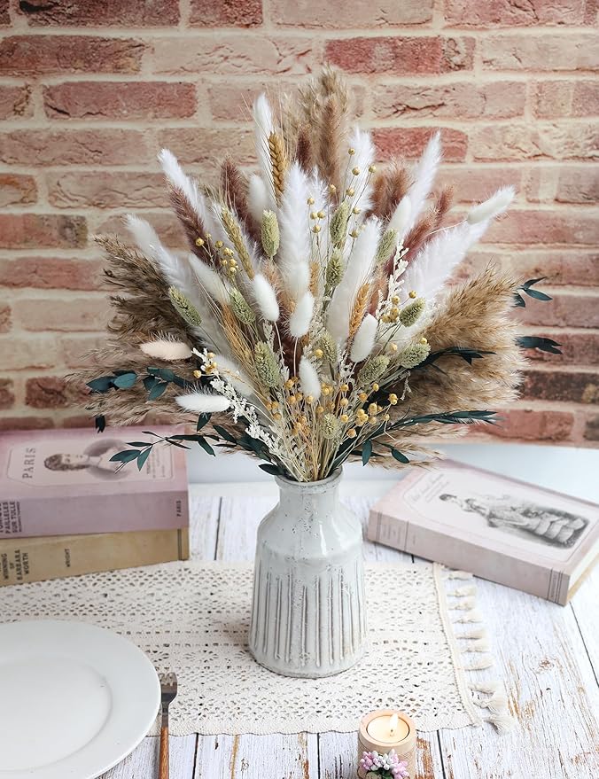 xin's convey 126pcs Dried Pampas Grass Decorations, (Vase Not Included), Dried Flowers Bouquet, Reed Grass Bouquet for Boho Floral Wedding, Bedroom, Rustic Farmhouse Decor.