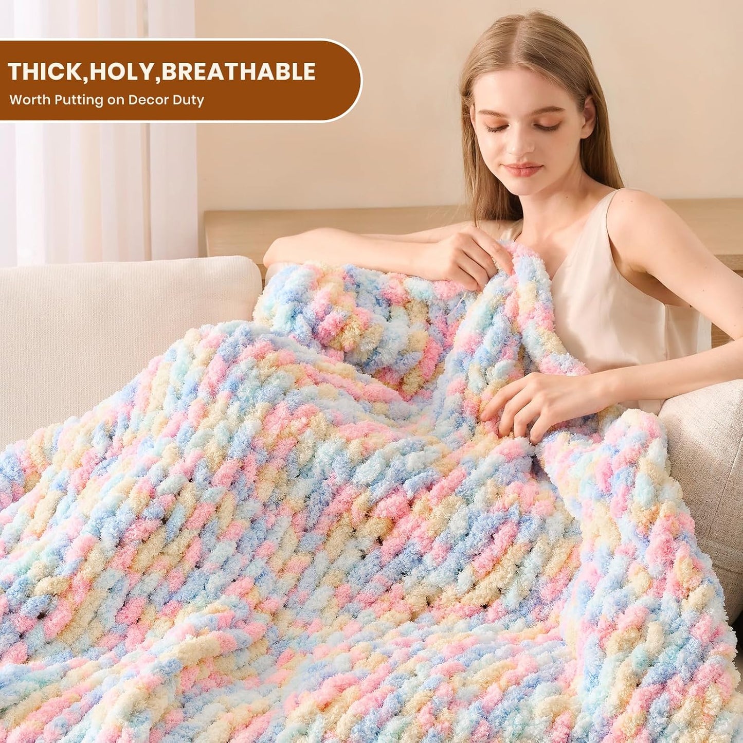 L'AGRATY Chunky Knit Blanket Throw: 60''x80'' Chenille Chunky Knitted Throw Blankets for Twin Bed Couch - Handmade Thick Cable Knit Blanket - Large Crochet Rope Blankets for Home Decor