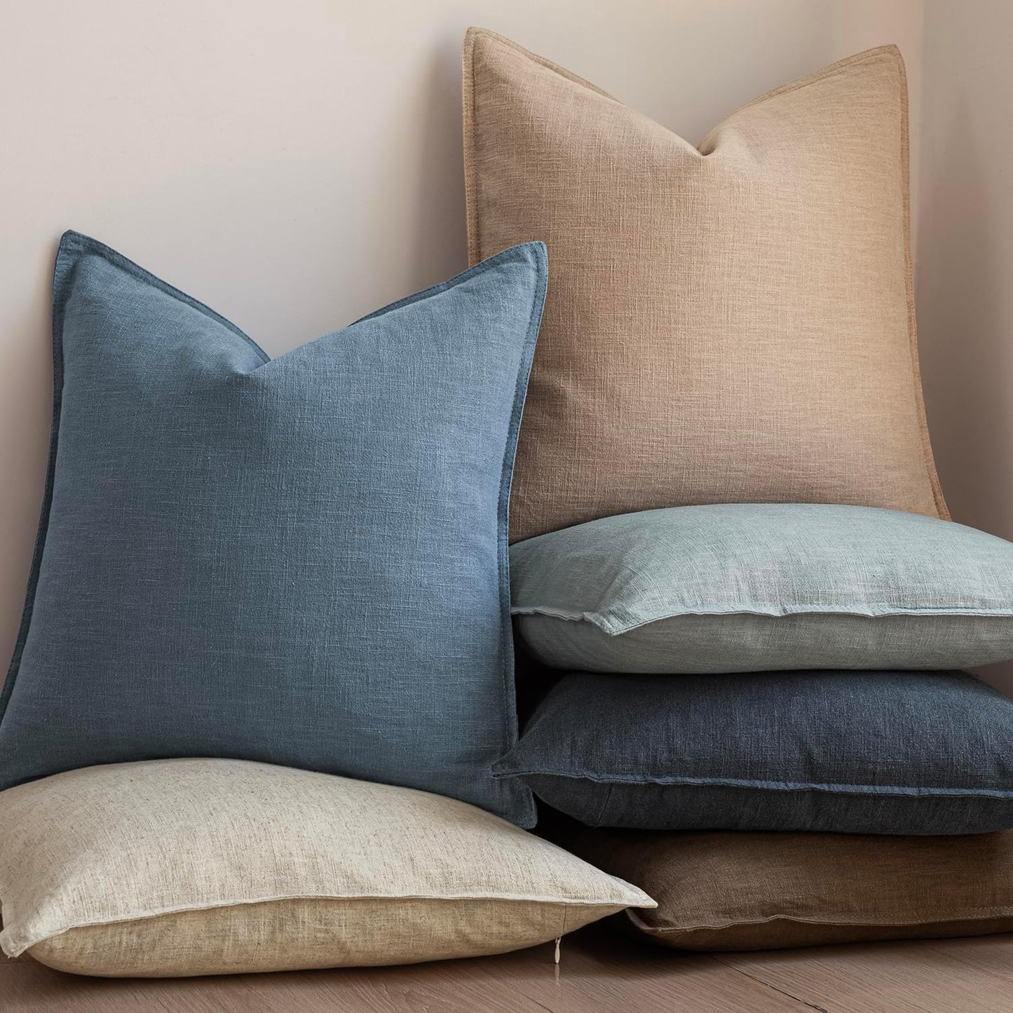 Foindtower Set of 2, Decorative Linen Soild Throw Pillow Covers Soft Accent Euro Cushion Case Boho Farmhouse Neutral Pillowcase for Couch Sofa Bedroom Living Room Home Decor 26 x 26 Inch Misty Blue