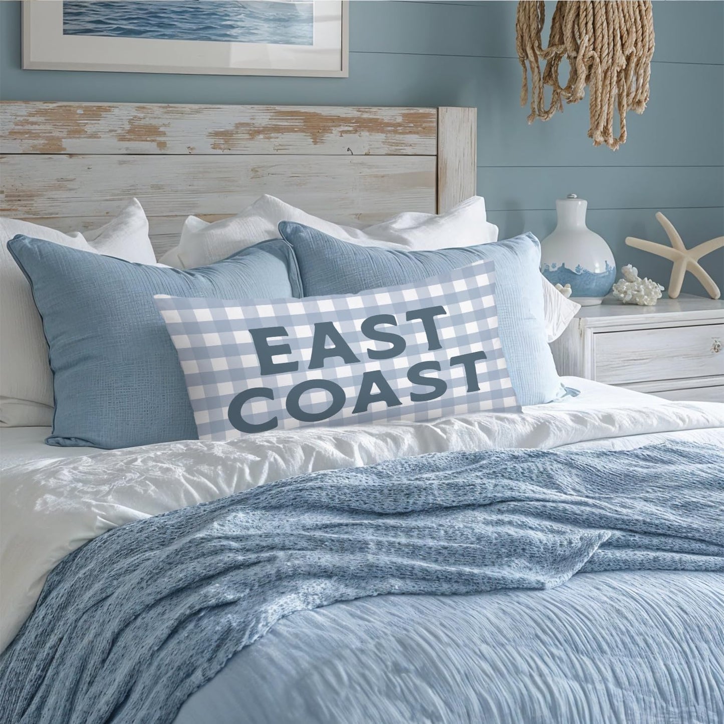 Coastal Beach Girls Room Decor 12x20 Pillow Cover, East Coast Preppy Trendy Gray and White Plaid Decorative Lumbar Pillow Covers for Boys Bedroom College Dorm Sofa Couch