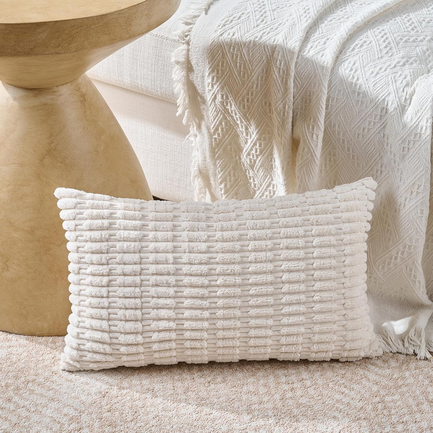 Fancy Homi Set of 4 Grey and White Long Lumbar Rectangle Decorative Throw Pillow Covers 12x24 Inch for Couch Bed Chair, Farmhouse Boho Room Decor, Soft Fuzzy Corduroy Textured Cushion Case 30x60cm