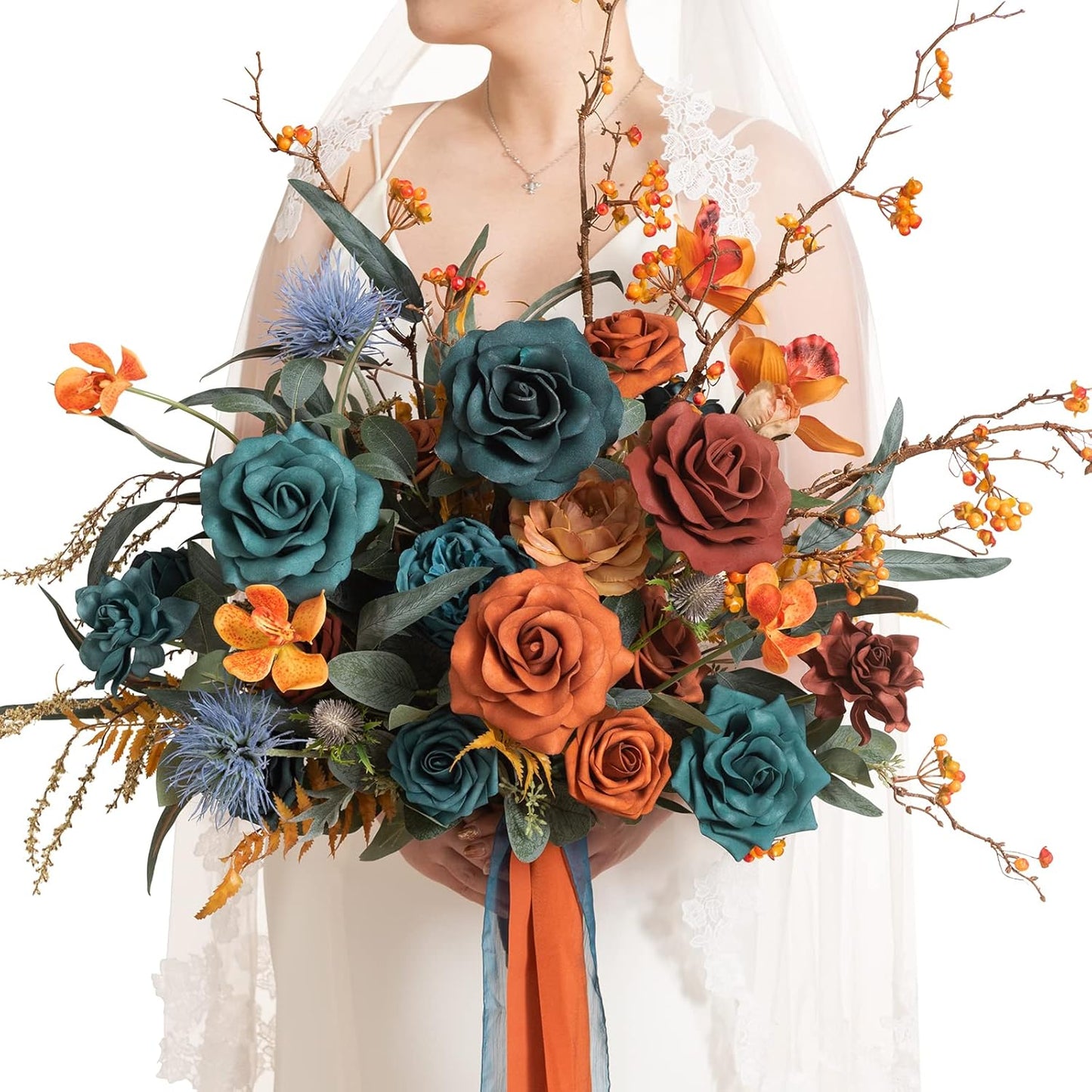 Ling's Moment Teal Bridal Bouquet, Burnt Orange Wedding Bouquets for Bride, 15 Inch Silk Free Form Bridal Bouquets Artificial Wedding Flower Bouquet