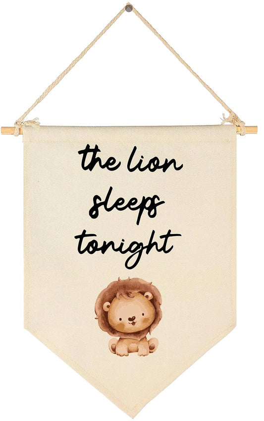 Flag Sign Gifts for Baby Newborn Boys Kids-Banner Wall Decor Present for Nursery Bedroom Playroom Front Door-Baby Present Shower-New Home-Birthday Christmas Gift-the Lion Sleeps Tonight