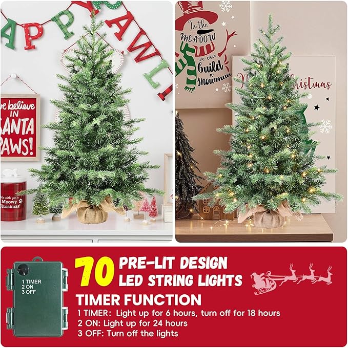3ft Pre-lit Small Christmas Tree Artificial Nordic Spruce Mini Table Top Christmas Tree with 70 LED Lights 315 PE & PVC Mixed Branches Tips Burlap Wrapped Base Xmas Tree for Home Office Decor
