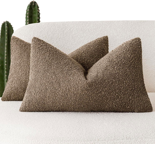 Foindtower Pack of 2 Textured Boucle Throw Pillow Covers Accent Solid Decorative Lumbar Pillow Cases Cozy Soft Couch Cushion Case for Chair Sofa Bedroom Living Room Home Decor 12x20 Inch Light Brown