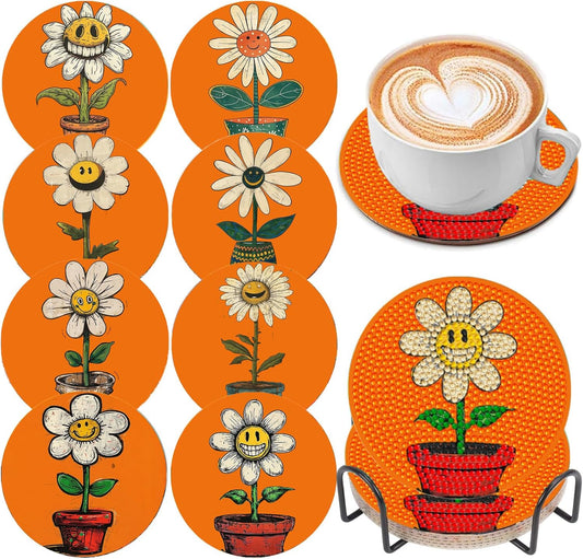 DOZEEZOP 8 PCS Flowers Diamond Art Coasters Kit, 5D Diamond Painting Coasters with Holder, Fall Small Diamond Art Kits for Adults Beginners, Diamond Dots Arts and Crafts Supplies