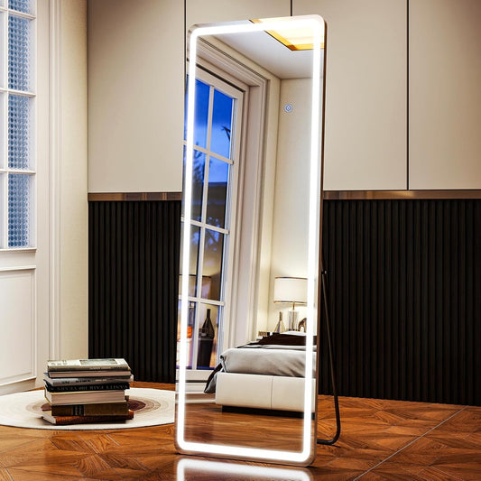 LED Rectangular Corner White Full Length Mirror - 16“ x 60” Brightness Adjustable, Touch Screen Control, Wall Mounted or Freestanding, for Bedroom Living Room Cloakroom Dressing Mirror