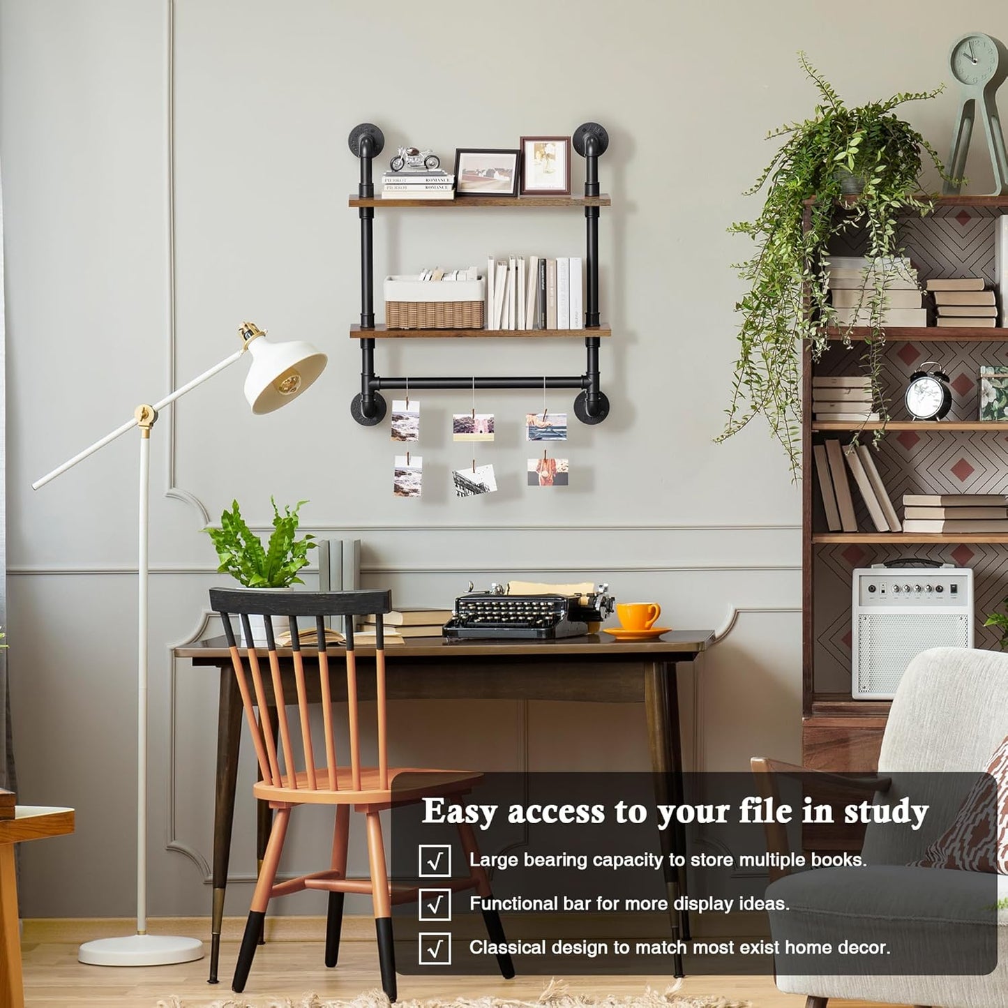 Merapi 24" Industrial Floating Shelves with Tower Bar, Pipe Shelves for Wall, 2 Tier Rustic Wood Wall Shelves for Home Décor, Bedroom, Living Room, Bathroom…