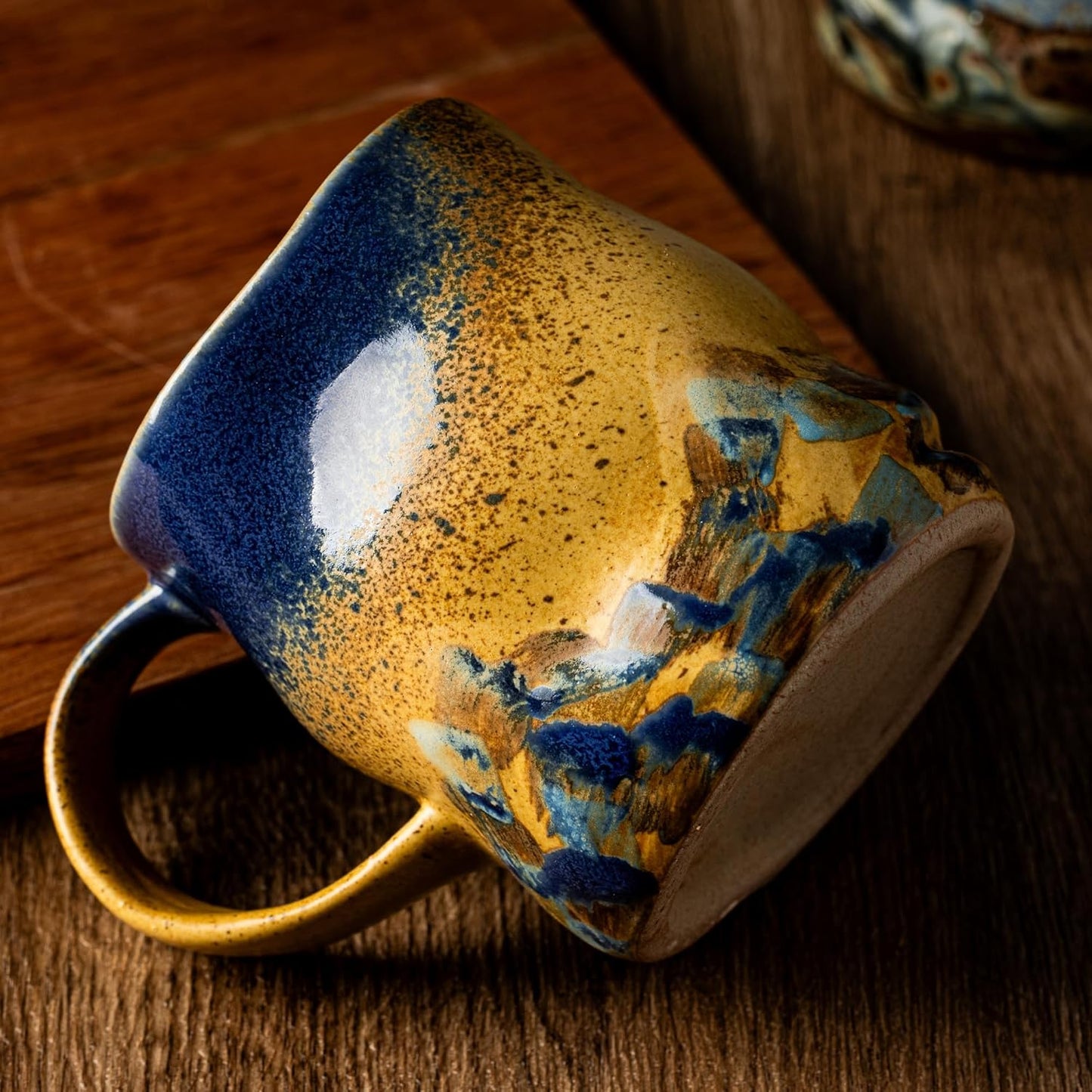Handmade Ceramic Coffee Mugs, Mugs with Coffee Spoon, 11oz, Handmade Pottery Mug with Handle, Hand-painting, Unique Uneven Surface Tea cups, Dishwasher and Microwave Safe (Yellow)