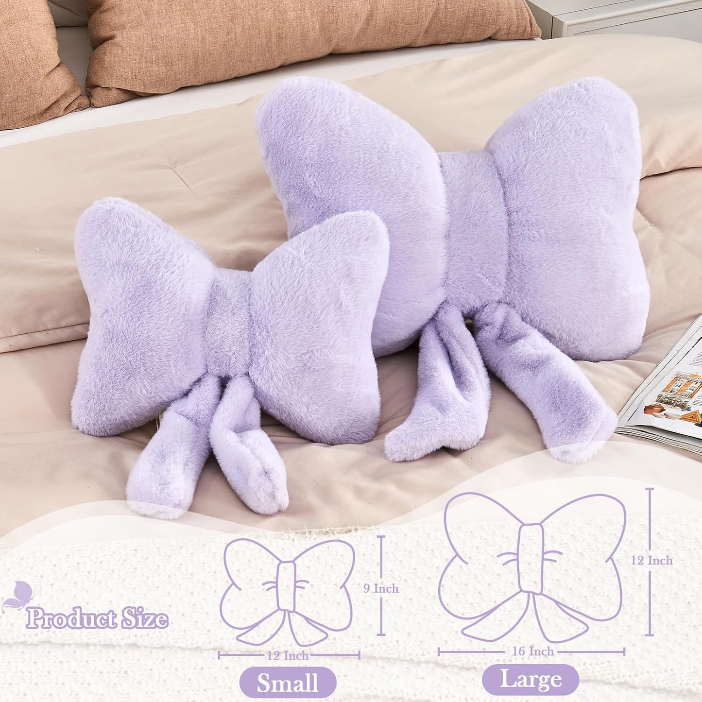 Lavender Bow Pillow, Soft Bow Decorative Pillows with Faux Rabbit Fur, Cute 12" Bow Throw Pillows, Aesthetic Home Decor Bow Shaped Plush Pillow for Bedroom Sofa Couch