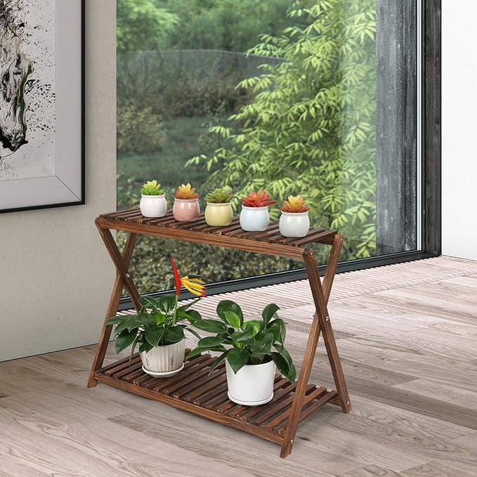 Wood Plant Stand Indoor Outdoor 2 Tiers Flower Stand Corner Stepped Planter Shelf Rack Flowerpot Holder for Plant Display in Patio Balcony Entryway Porch Livingroom (Classic X-Cross Design)