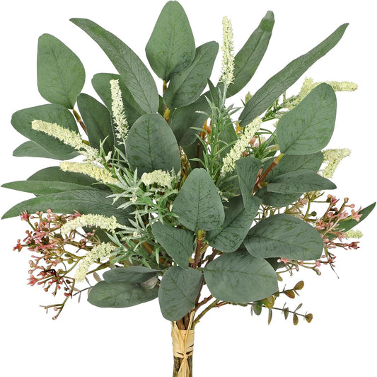 Fake Eucalyptus Bouquet Artificial Eucalyptus with Sage Leaves Faux Greenery Bush for Bathroom Kitchen Table Farmhouse Decoration