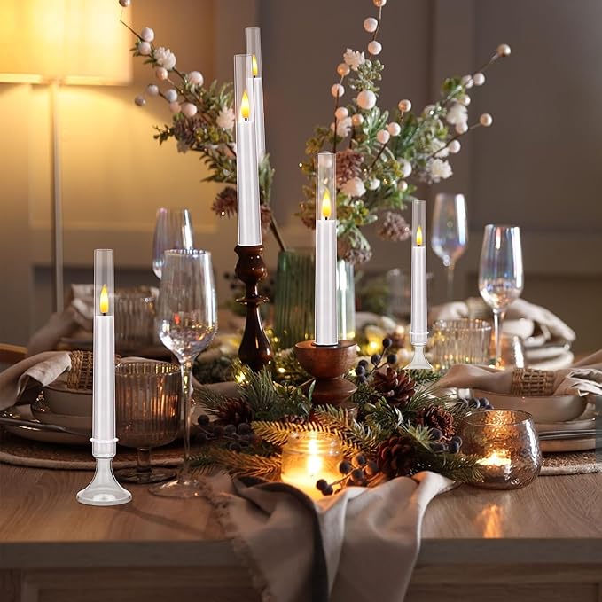 White Flameless Taper Candles, 6 Pack Acrylic LED Candles with Remote Timer, 9.25"x0.75" Battery Operated Flickering Window Candle for Home Wedding Decor, and Holiday Celebrations