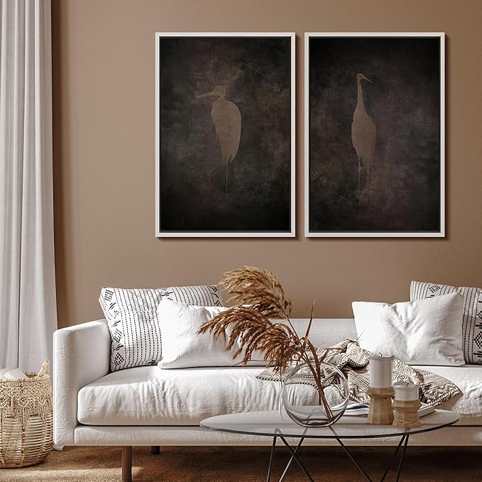 SIGNFORD Framed Canvas Print Wall Art Set Abstract Crane Silhouettes Vintage Dark Tones Illustration Modern Art Decorative Nordic Nature for Living Room, Bedroom, Office - 24"x36"x2 White