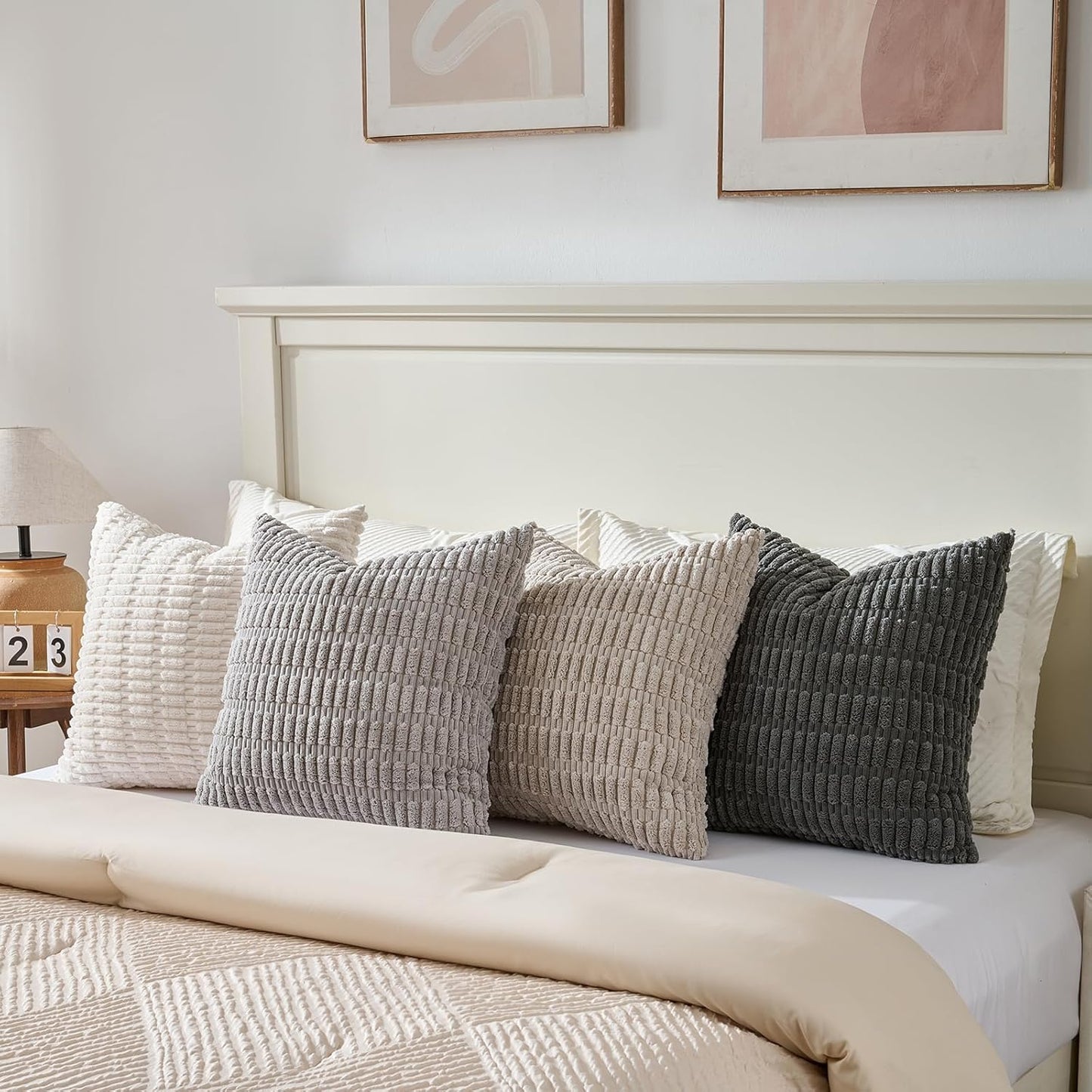 Fancy Homi Set of 4 Grey and White Boho Decorative Throw Pillow Covers 24x24 Inch for Couch Bed Sofa, Aesthetic Modern Bohemian Room Decor, Soft Fuzzy Fluffy Cozy Corduroy Cushion Case 60x60cm