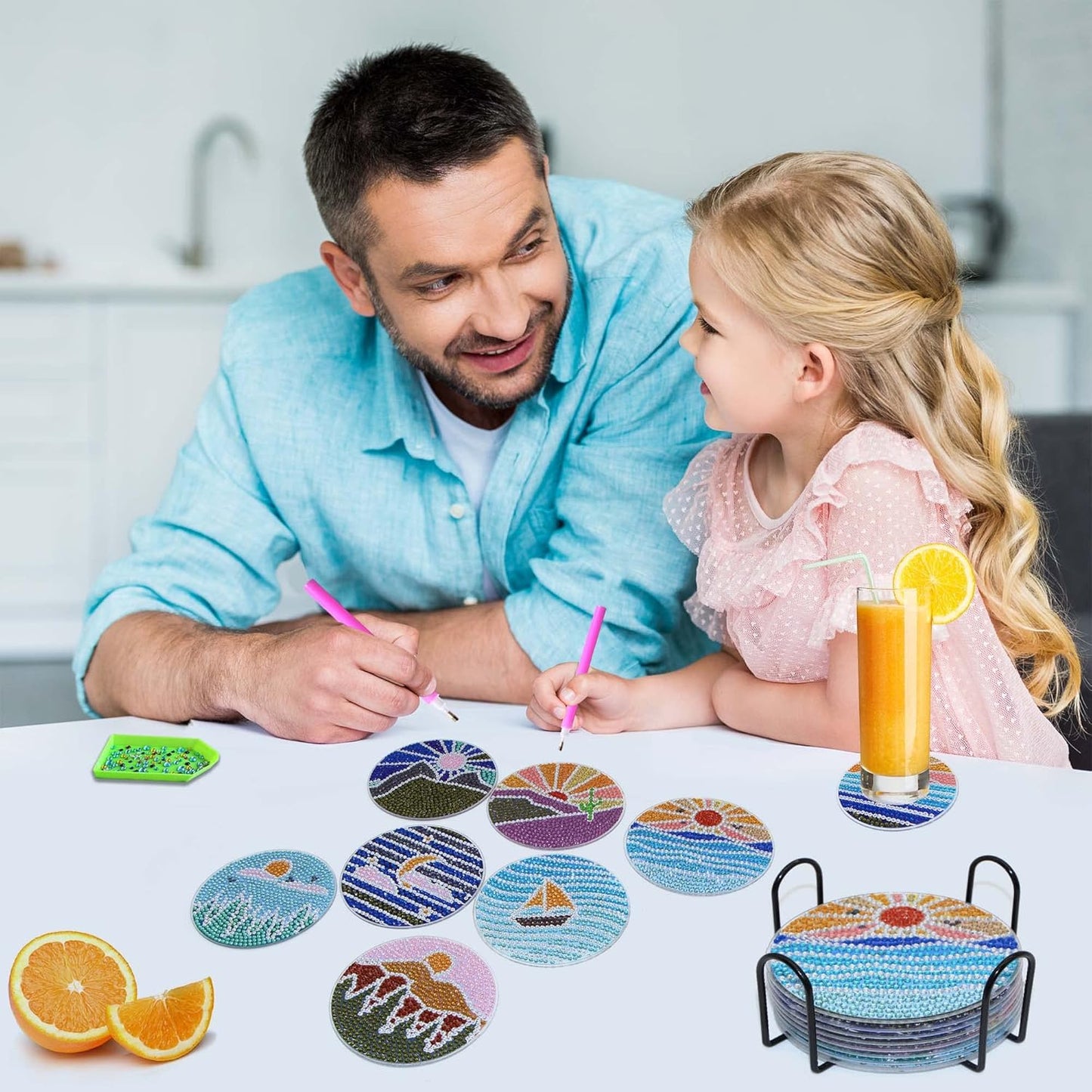 Diamond Art Coasters Kit with Holder, 8 Pcs Diamond Art Coasters for Adults Kids Beginners Crafts Gifts (Sun-Moon)