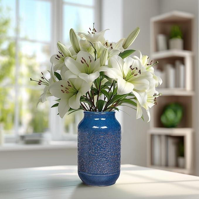Blue Ceramic Vase for Home Decor, 9 Inch Modern Farmhouse Vase, Decorative Vases for Pampas Grass, Fireplace, Living Room, Bathroom, Tabletop, Kitchen, Office, Farmhouse Decor