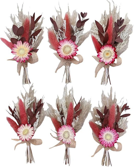 xin's convey Burgundy Mini Dried Flower Bouquet Set of 6, Small Pampas Grass, Groom's Corsage, Dinner Plate Decoration, Bridesmaid Proposal Gift Box Bouquet, Birthday Cake Vase Decoration. (Burgundy)