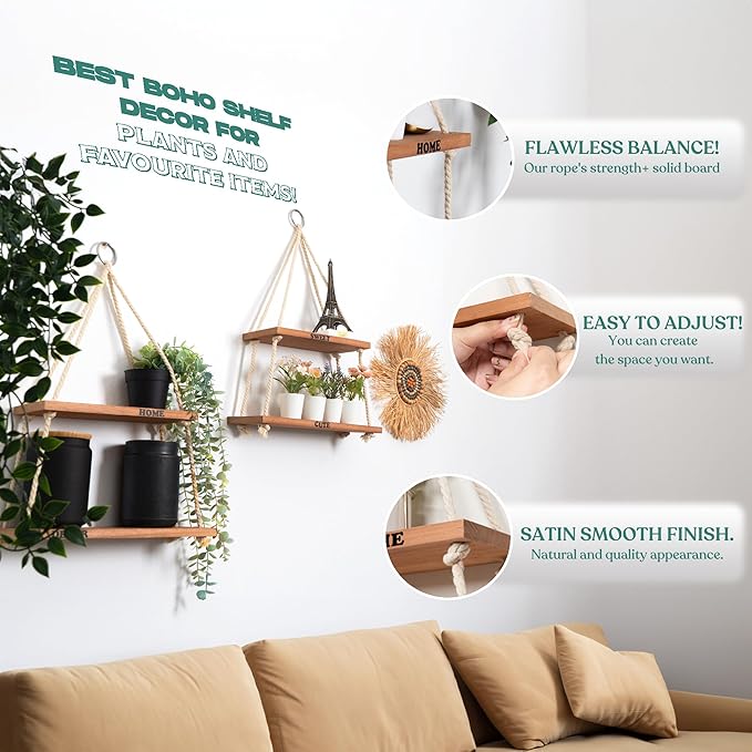 Hanging Shelves for Wall - Boho Room Decor Aesthetic - Hanging Plant Shelf Decor - Floating Shelves for Room Wall - Rope Shelves for Bedroom Aesthetic, Boho Decor Wall Hanging Shelves for Living Room