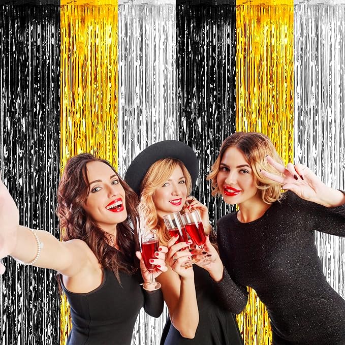 4 Pack Black Gold Silver Foil Fringe Curtain Backdrop, 3.28Ft x 9.8Ft Metallic Tinsel Foil Fringe Streamers for Photo Booth, Wedding, Notorious One Birthday Roaring 20s Graduation Party Decoration