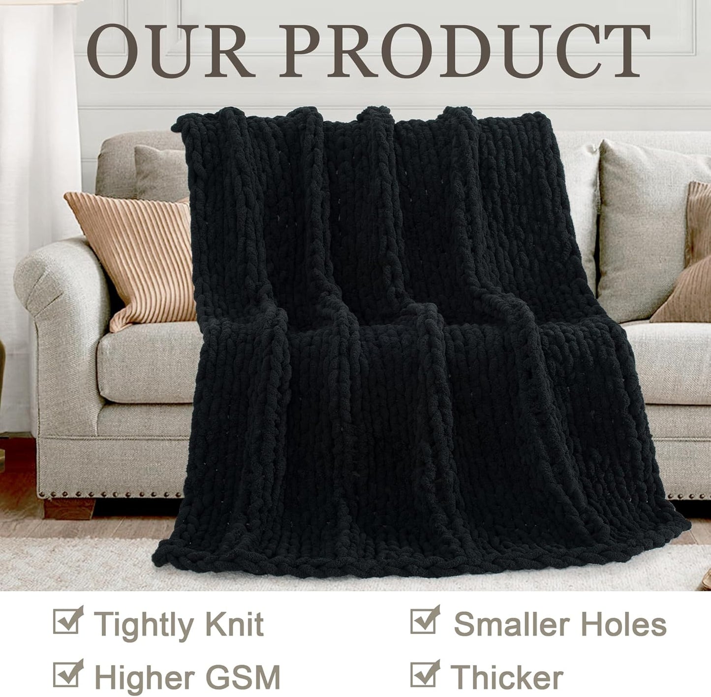 Chunky Knit Throw Blanket 60"X 80", 100% Handmade with Soft Chenille Yarn, 6.7lbs Thick Cable Knitted Blankets, Large Rope Knot Crochet Throws for Couch Sofa Bed Home Decor, Black