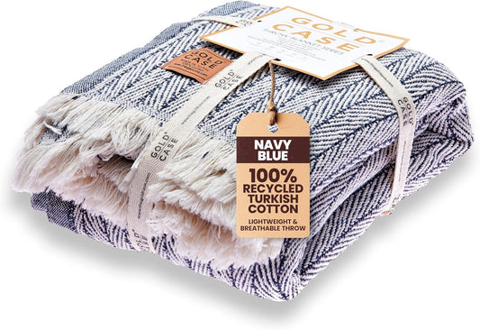 Gold Case Throw Blanket for Couch - 100% Recycled Turkish Cotton Blankets & Throws - Vintage Soft Throw Blankets for Living Room - Boho Decorative Woven Couch Blanket - 60x80 - Navy Blue