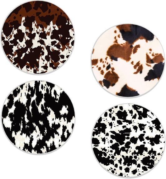 Drinks Coasters Set of 4, Cow Print Round 4" Cup Coasters, Absorbent Ceramic Stone Coasters with Cork Base, Cute Coasters for Table Home Décor, Ideal Gifts for Women Men