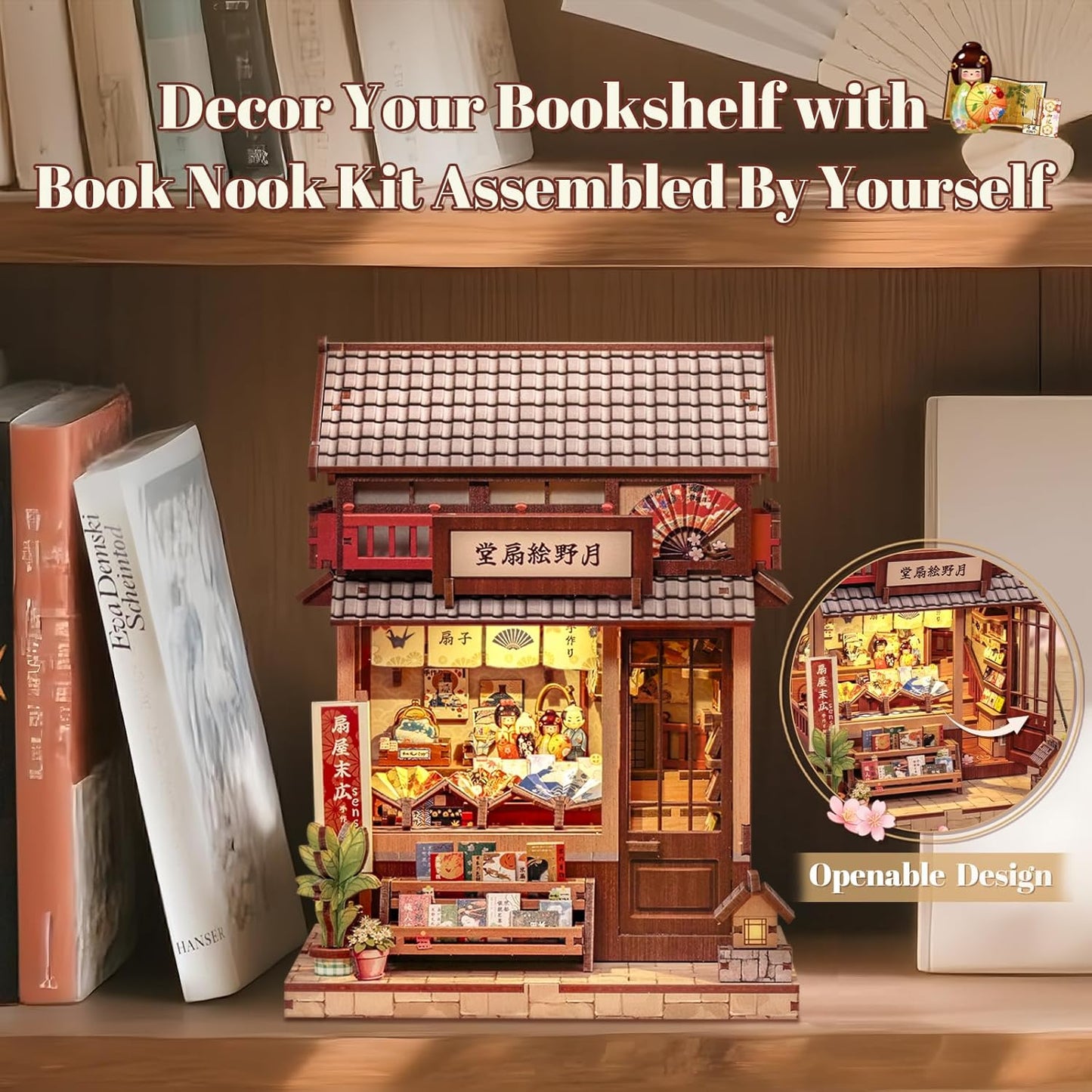 Fsolis Book Nook Kit - DIY Miniature House Kit for Adults Mini House Tiny 3D Puzzles for Bookshelf Diorama Decor Gifts for Women Teenagers Puzzle Lovers (Japanese Fan Shop)