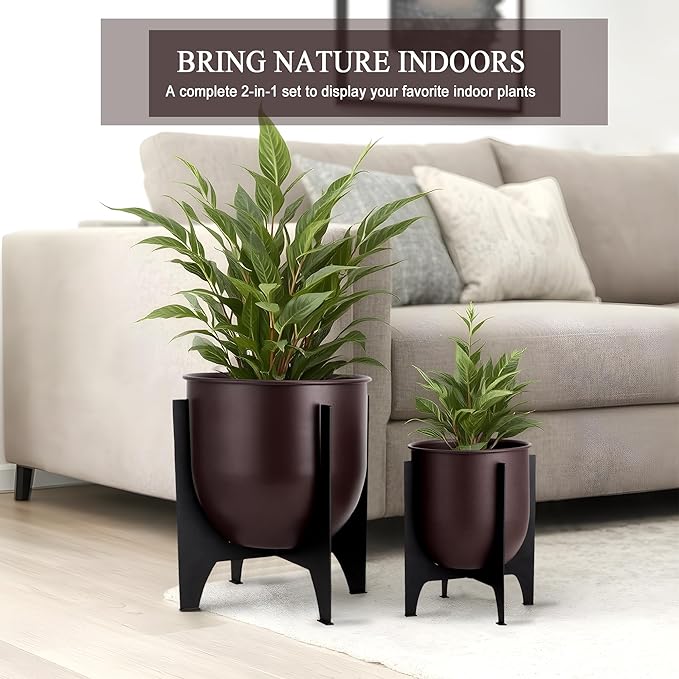 TRIROCKS Set of 2 Planters with Stand Indoor Outdoor Metal Plant Stand 11 &8.5" H Modern Planters Flower Pots for Living Room Corner Kitchen Office Garden Balcony Patio Decor (Brown)